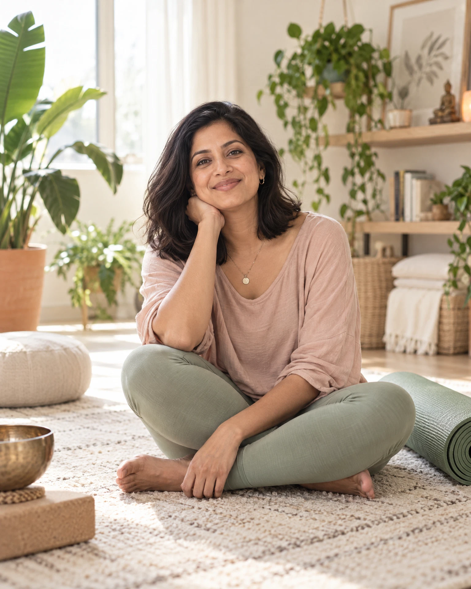 Aarti sitting in a calm yoga studio